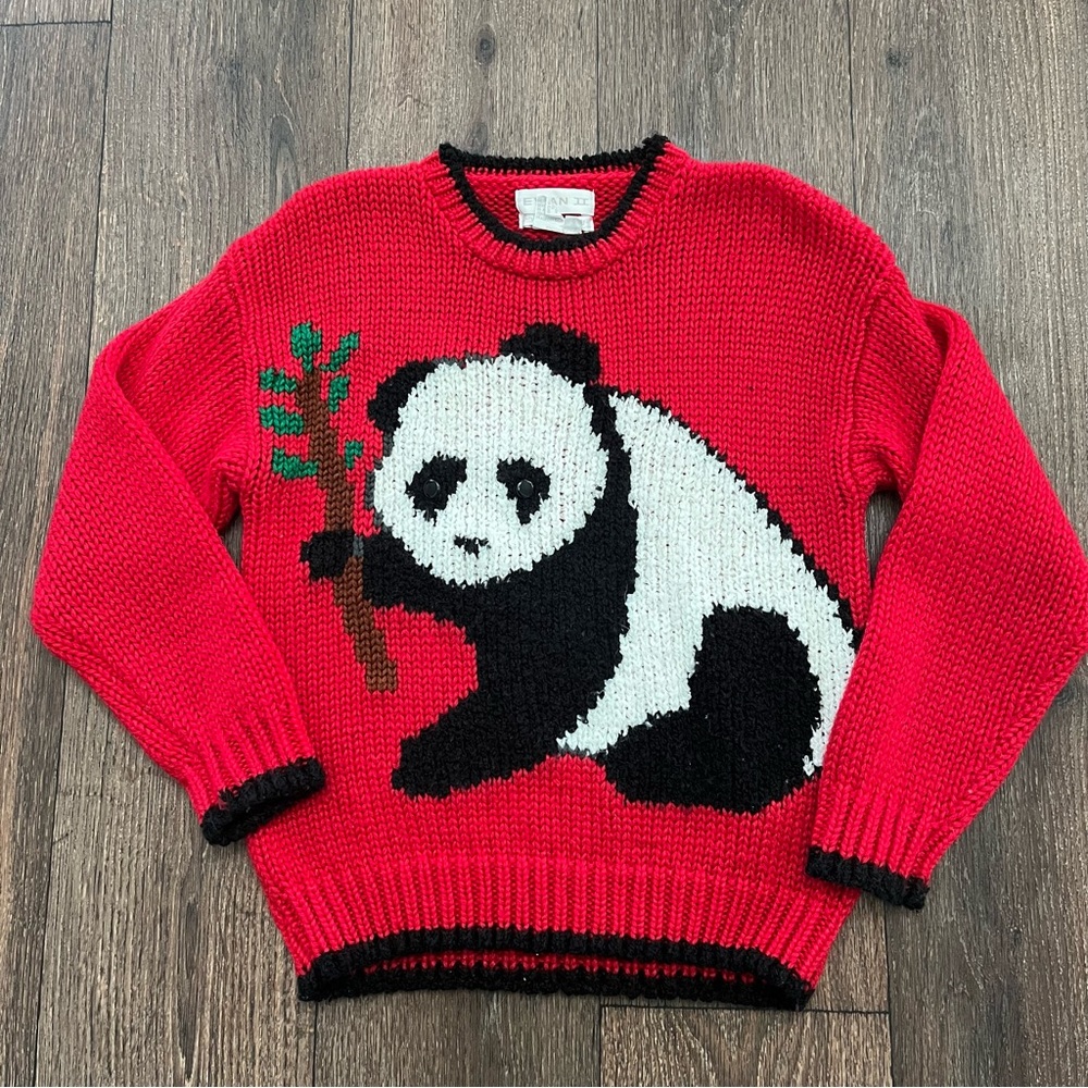 Vintage Evian II hand knit panda bear bamboo outdoor nature lover sweater small - Picture 1 of 10